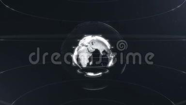 白色抽象球体。 与线条相连的白点。 全球化界面。 星球正向中心移动。 搬迁